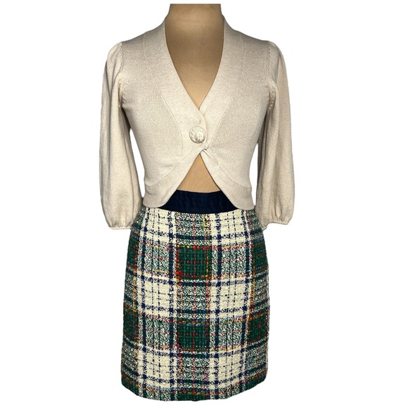 Tory Burch Green Red Blue Gold Purple Cream Tartan Plaid Tweed Skirt Size 6 - Picture 5 of 13